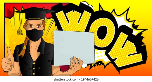 Student, graduation girl wearing face mask holding a white empty paper, banner with thumbs up hand sign. College University or High School schoolgirl. Comic book style vector illustration education.