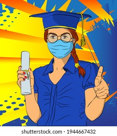 Student, graduation girl wearing face mask and glasses holding her diploma with thumbs up hand sign. College University or High School schoolgirl. Comic book style vector illustration education.