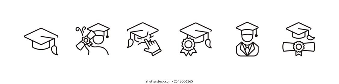 formatura estudante chapéu ícone definir educação escola realização diploma universitário cap e certificado scroll licença sucesso cerimônia sinais vetor ilustração