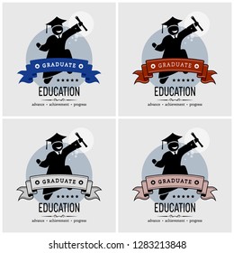 Student graduation logo design. Vector artwork of a graduated University degree holder jumping and holding on a scroll happily.