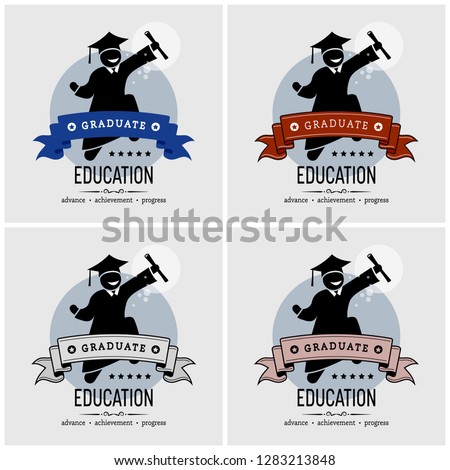 Student graduation logo design. Vector artwork of a graduated University degree holder jumping and holding on a scroll happily.