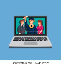 Student Graduation online on laptop streaming, academic in pandemic concept in cartoon illustration vector