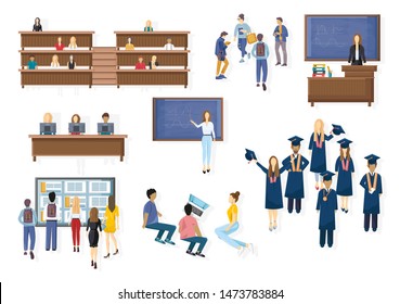 Student graduation set collection Vector flat style. Symbols knowledge template. Happy pupils moments classroom collegues. Achieved steps diploma university graduate