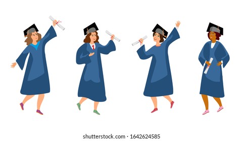 Student graduation set vector illustration. University female students graduate people isolated on white background. Happy students are jumping.