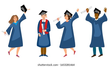 Student graduation set vector illustration. University female and male students graduate people isolated on white background. Adult education, male and female graduates concept.