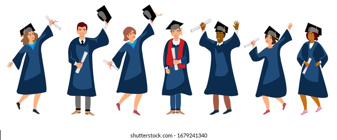 Student graduation set vector illustration. Adult education, male and female graduates concept. happy students at different nations.