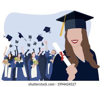 Student graduation set vector illustration. University female and male students graduate people isolated on white background. Adult education, male and female graduates concept.