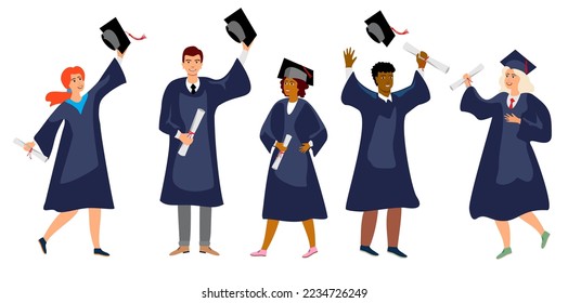 La graduación estudiantil estableció una ilustración vectorial. Educación de adultos, concepto de graduados masculinos y femeninos. estudiantes felices en diferentes naciones.