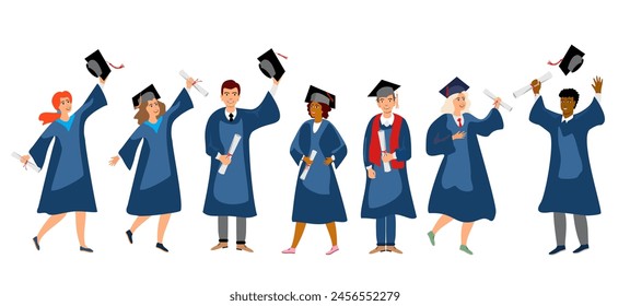 Student graduation set vector illustration. Adult education, male and female graduates concept. happy students at different nations.