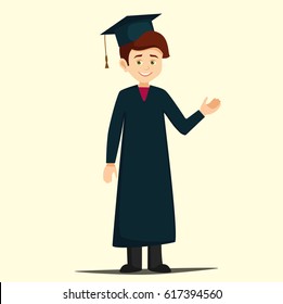 student graduation.graduate dressed in a robe and cap pointing at something.cartoon student in academic clothes in flat style vector illustration isolated from background
