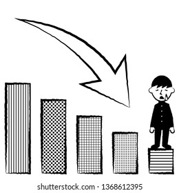 Student and graph down. Male student in uniform. Vector illustration.
