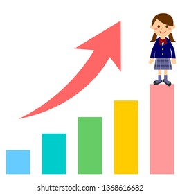 Student and graph up. female student in uniform. Vector illustration.