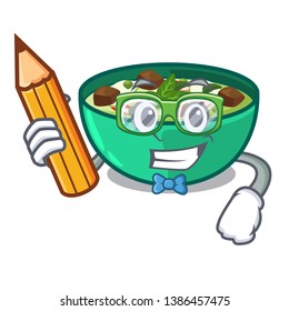 Student green churry above mascot table wood