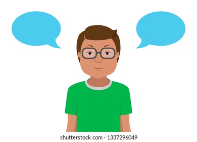 Student in green t-shirt and two blank speech balloons. Vector illustration.
