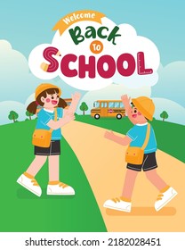 Student Greeting And Walking To School Together, Vector