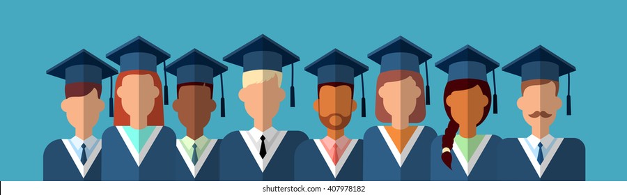 Student Group Graduation Gown Cap Banner Flat Vector Illustration