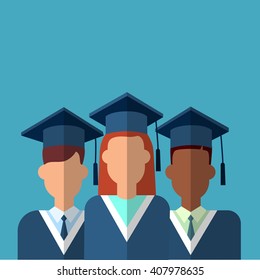 Student Group Graduation Gown Cap Flat Vector Illustration