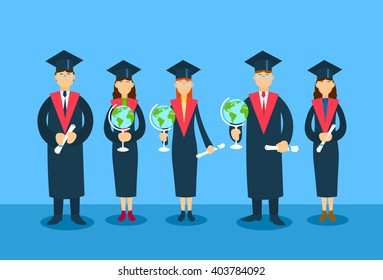 Student Group Graduation Gown Hold Globe Paper Diploma Flat Vector Illustration