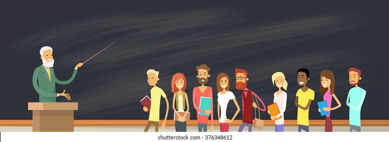 Student Group Over Blackboard With Professor, University Lecturer Education Pointer Vector Illustration