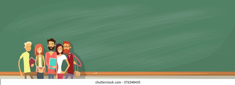 Student Group Over Green Blackboard Holding Books University Education Copy Space Vector Illustration