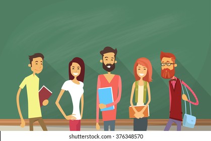 Student Group Over Green Blackboard Holding Books University Education Flat Vector Illustration