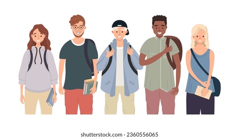 Student group standing together. Young people with backpacks and books. Diverse college classmates in casual clothes. Youth lifestyle concept
