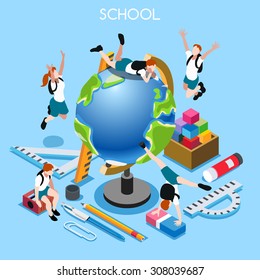 Student group & Stationery icon. 3D Flat Isometric child People Student studying. Jump for Joy Back to School concept. Education Infographic Globe & Kid Group Vector Image Illustration creative design