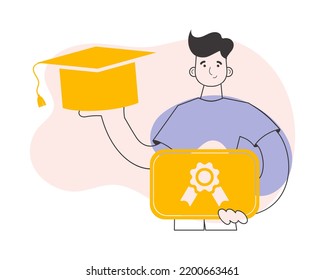 The student guy is holding a diploma. Line art style. Vector.
