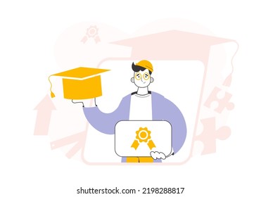 The student guy is holding a diploma. Trendy style line art. Vector.