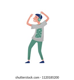 Student guy listening music and dancing with hands up. Party time. Teenager boy with headphones in stylish outfit. Flat vector design