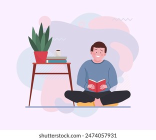 Student guy reading book at home. Happy young man sitting on floor with book flat vector illustration. Education, learning, homework lover concept for banner, website design or landing page