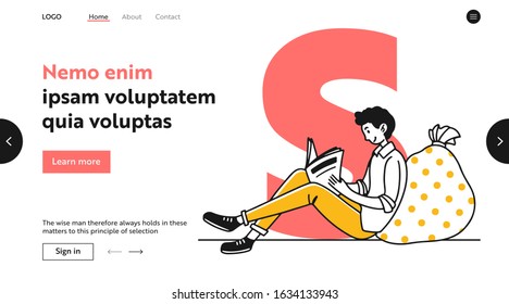Student guy reading magazine. Young man with newspaper at home flat vector illustration. Daily press, news, morning concept for banner, website design or landing web page