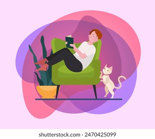 Student guy studying book at home and playing with cat. Young man reading book in armchair flat vector illustration. Reader, homework, leisure, pet concept for banner, website design or landing page