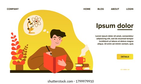 Student guy studying chemistry. Man reading book, microscope and molecule in thought bubble flat vector illustration. Education, science concept for banner, website design or landing web page