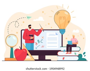 Student guy studying on internet, watching online lecture on computer, talking to math tutor through video call. Vector illustration for knowledge, distance education, learning from home concept