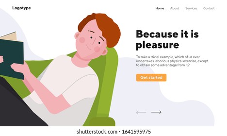 Student guy studying textbook at home. Young man reading book in armchair flat vector illustration. Reader, homework, leisure concept for banner, website design or landing web page