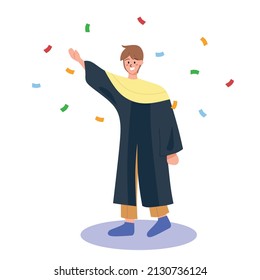 Student guy wearing formal graduation gown and hat celebrating graduation happily. Hands in the air with a sprinkling of confetti around. Student university, college, education and future career. 