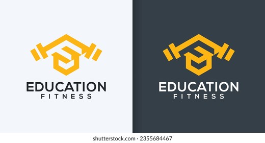Student gym with barbell logo vector design. Fitness education F logo. Perfect for education, fitness and student symbol