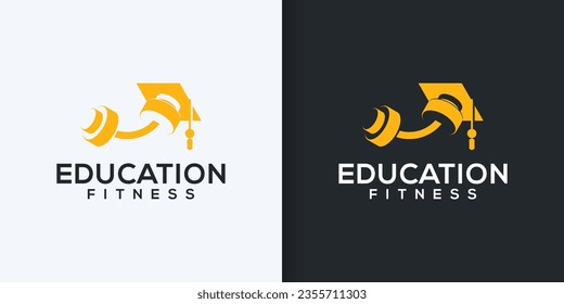 Gimnasio estudiantil con diseño vectorial de logotipo barbell. Logo del gorro de graduación con educación de fitness. Perfecto para la educación, el fitness y el símbolo de estudiante