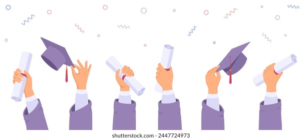 Student hands with diplomas and graduation hats, celebration, achievement of a scientific degree. Vector design concept for landing page, website, banner, print. Flat vector illustration set. 