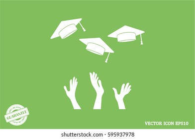 Student hands and graduation caps in the air. Flying academic hats in the sky isolated flat design vector illustration  EPS 10.