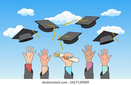 Student hands throwing graduation hats in the air with blue sky and clouds in background. Vector illustration.