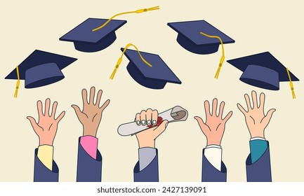 Las manos de los estudiantes lanzando sombreros de graduación al aire. Ilustración vectorial.