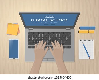 Student hands using laptop. Online learning website page on computer screen. Distance e-learning education, digital school, homeschooling. Modern technologies in education. Vector illustration