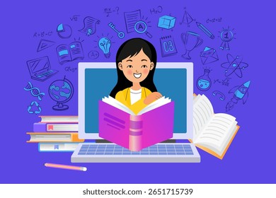student happily reading a book on a laptop, symbolizing the joy and accessibility of online education and digital learning platforms.
