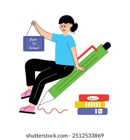 A student happily riding a pencil, ready for school.