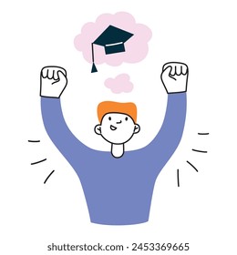 Student happy about graduation from college, winning scholarship, dreaming of passing exams, school education, composition with flat cartoon boy, vector illustration of academic success, graduate cap