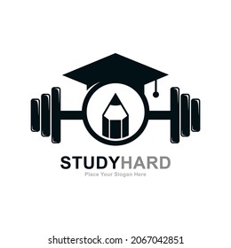 Student hart mit Barbell und Bleistift Logo Vektorvorlage. Geeignet für Bildung, Fitness und Studentensymbol