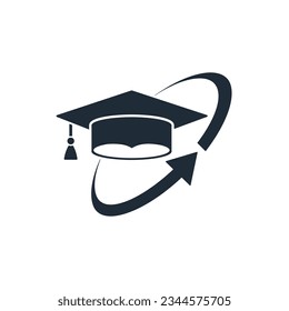 Student hat and up arrow. New level of knowledge. Educational learning technologies, abilities and competence. Vector linear icon isolated on white background.