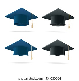 Student Hat Blue and Black Set. Academic Caps Symbol Finish Education Isolated on White. Vector illustration